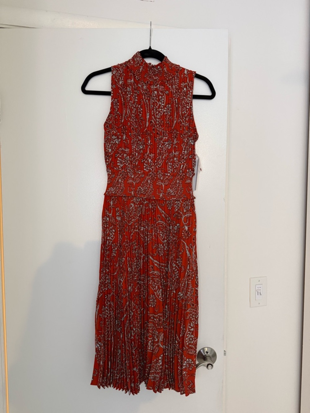 Nanette Lepore Red Paisley High-Neck Pleated Midi Dress